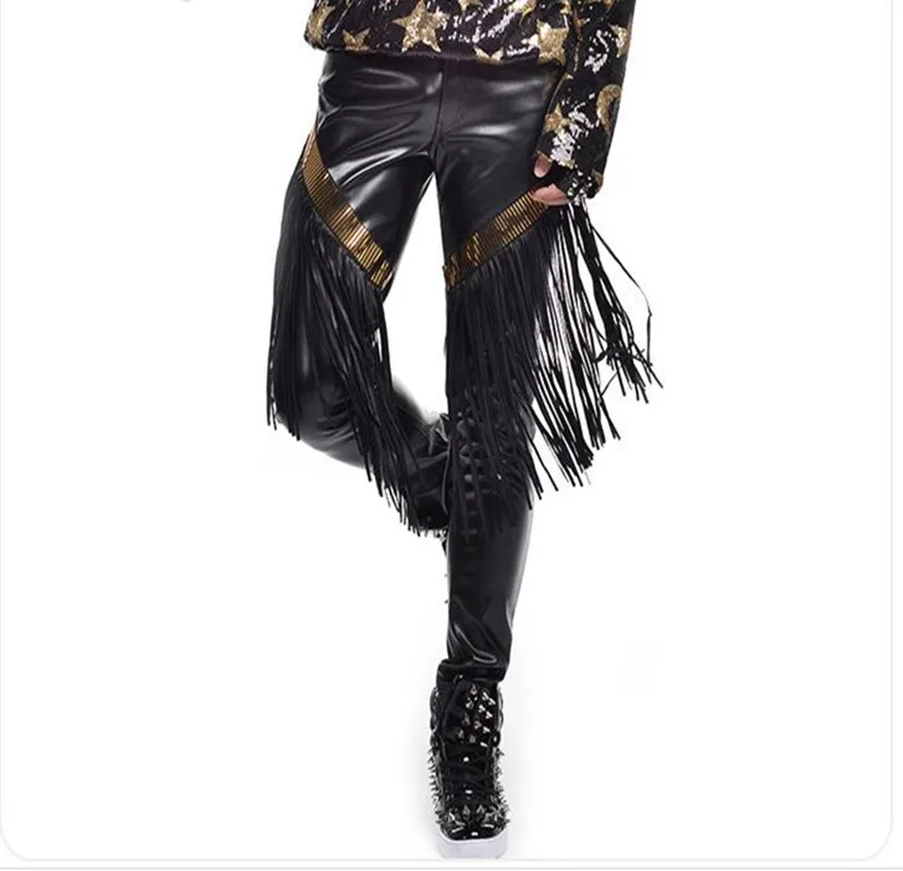 Personality Man Punk style Fashion Black Tassel Leather Pants Costumes