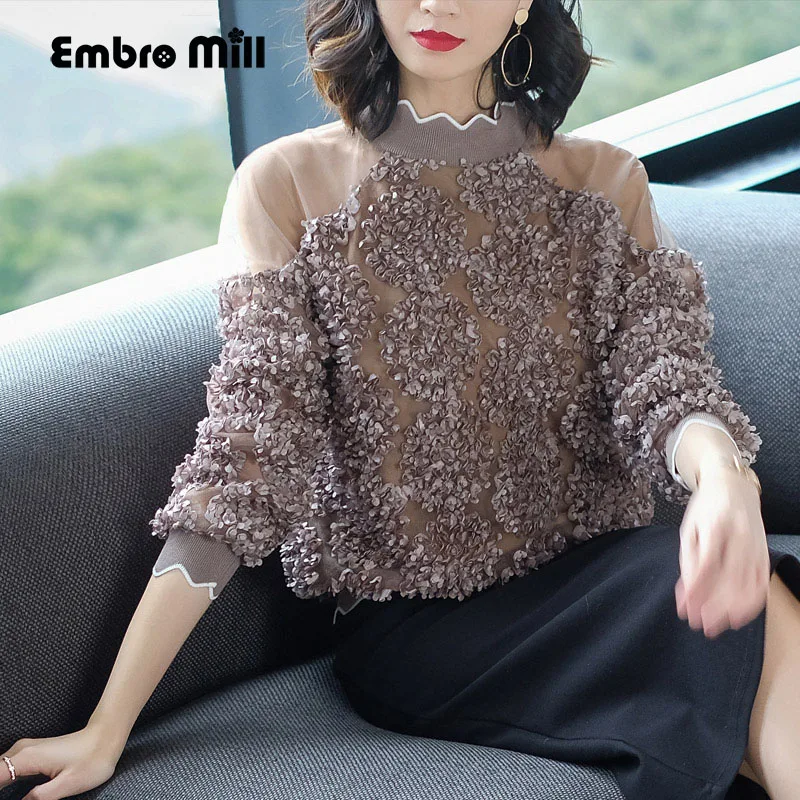

Embro Mill Women's blouse shirt spring and summer runway new elegant ladies black shirt floral fashion loose lady top S-XXL