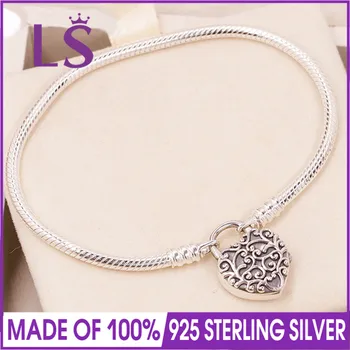 

LS High Quality 100% 925 Silver Moments Smooth Silver Padlock Bracelet, Regal Heart Bangle for Women Fit Original Beads Charm W