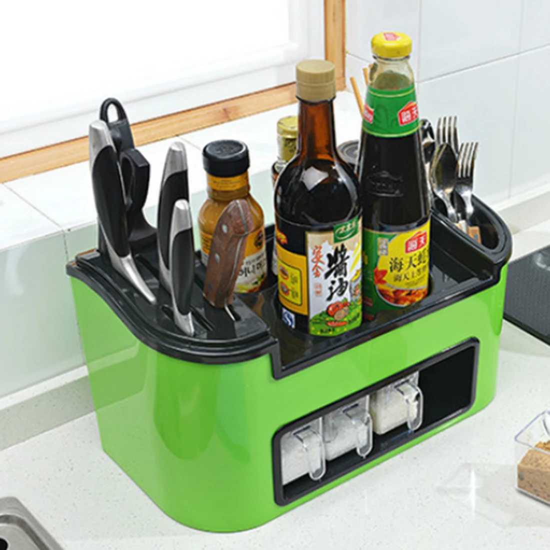 

TSSAAG Multifunction Kitchen Storage Box Organizer Chopstick Rest Knife Holder with 4 Seasoning Box - Blue