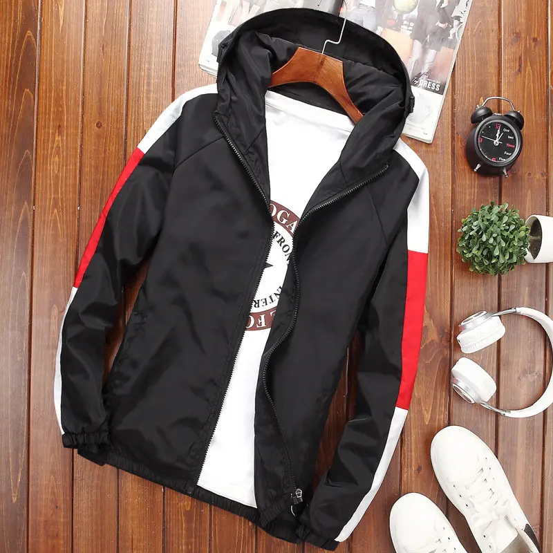 

Spring Autumn 2019 Men's Jacket Prints Patchwork Casual Thin Jacket Men Coat Streetwear Clothes Windbreaker Man Hip Hop Hooded