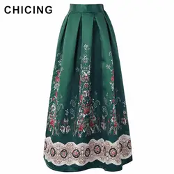 Сексуальный ретро Цветочный принт макси юбки 2018 Модные Этнические Высокая талия плиссированные 100 см элегантные длинные юбки Для женщин