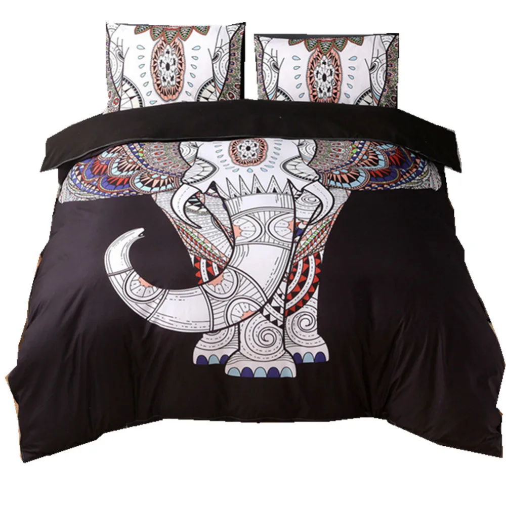 

India 3 Pieces Bohemian Bedding Set Elephant 3D Tree Black Printed Boho Duvet Cover Set Soft Bedspread Twin Full Queen King Size