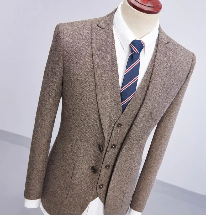 2018 новый дизайн бренда коричневый твидовый костюм Для мужчин смокинг Стиль пиджак Slim Fit 3 предмета Свадебный костюм Terno Masculino куртка + брюки +