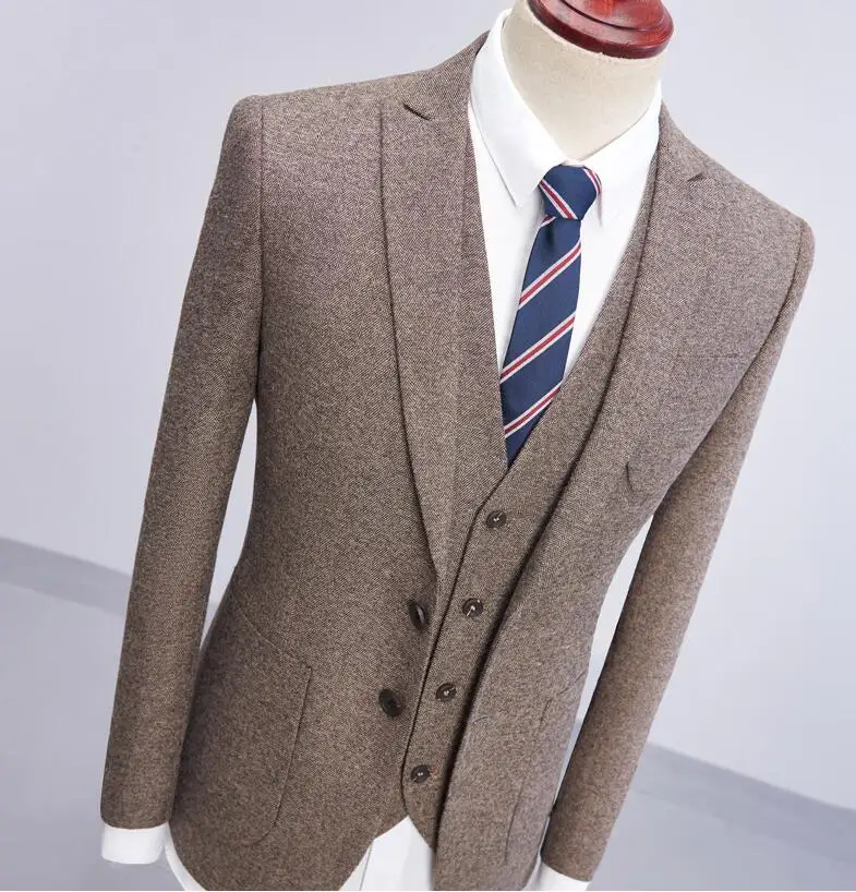 2018 Brand New GRAY brown tweed Formal Men Suit Set Wedding Groom Blazer Prom Style Tusxedo Terno Masculino Jacket+Pant+vest