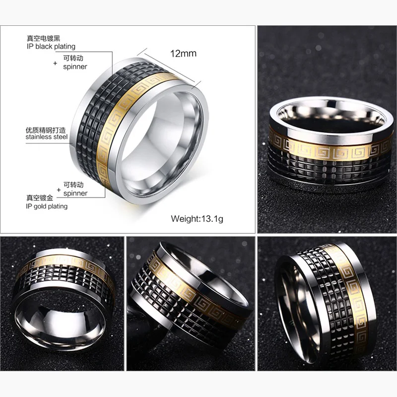 Men Spinner Rings Gold Plated Greek Key Pattern Titanium Steel Wedding