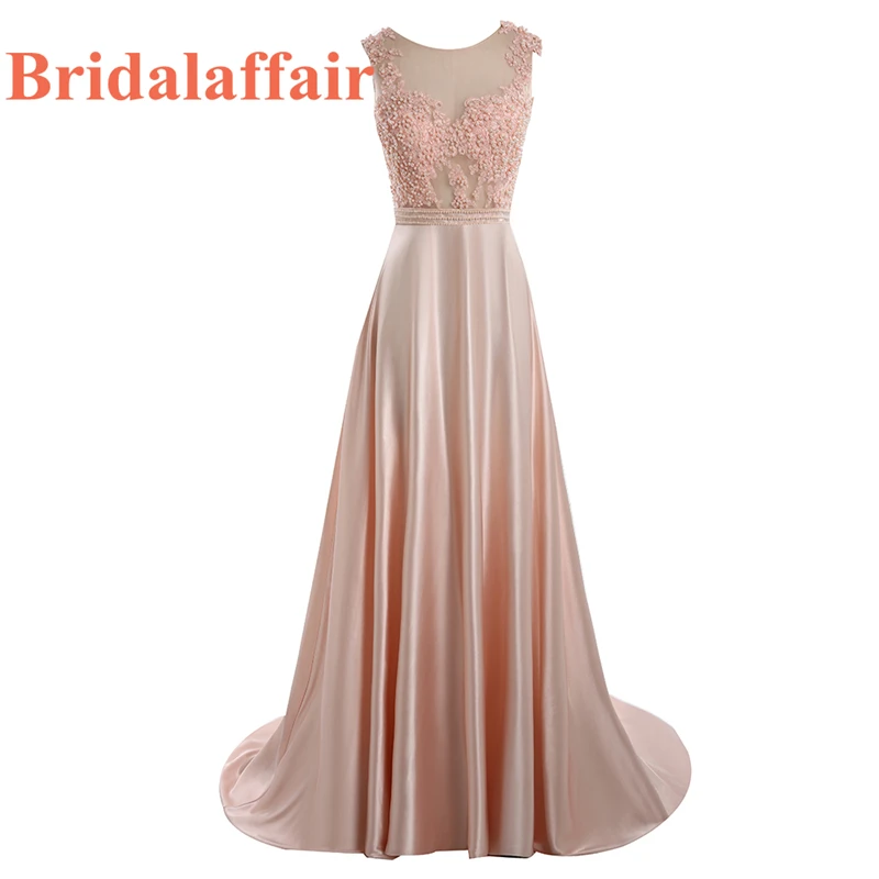 

Elegant light pink long evening dress 2017 A-Line O-neck pearls appliques lace women foraml prom party dress vestido de festa