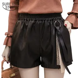 2017 новые модные Искусственная кожа укороченные штаны в Корейском стиле повседневные брюки с высокой талией черные женские Шорты широкие