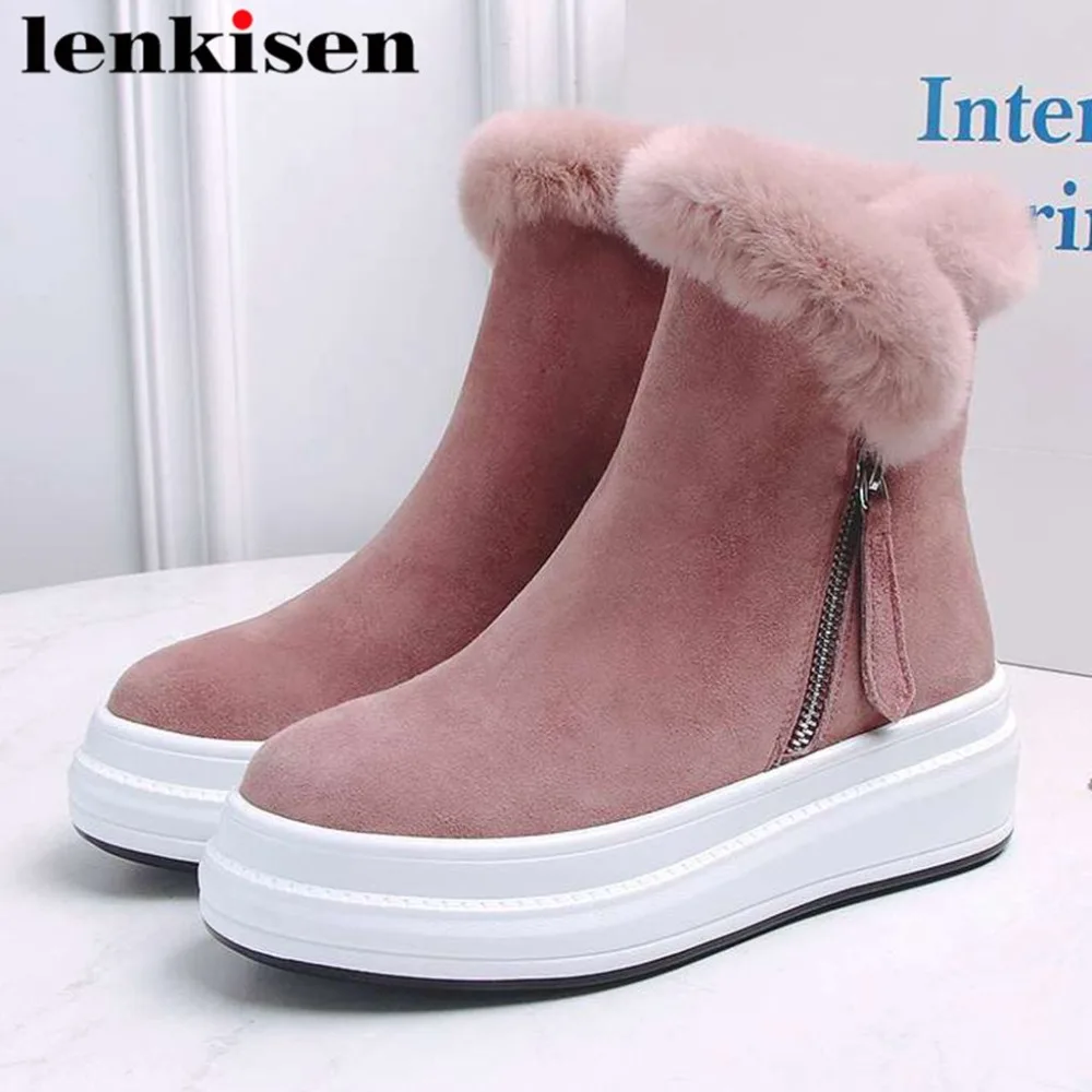 

Lenkisen 2019 newest cow suede round toe thick med bottom platform zipper real fur decoration european winter snow boots L85