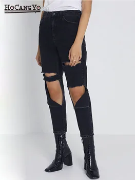 

Spring Summer Women's High Waist Loose Straight Jeans Washed Knee Hole Denim Pants Female Casual BF Style Black Cotton Trousers