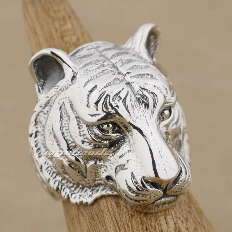 

Solid 925 Sterling Silver Huge Heavy Tiger Mens Biker Ring 9M005