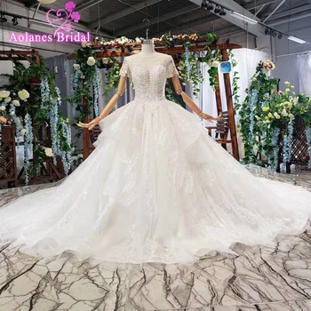 شراءVestido De Noiva Casamento يزين عارية الذراعين قصيرة الأكمام الدانتيل الكرة ثوب الخرز الدانتيل فساتين الزفاف الفاخرة صور حقيقية الزفاف