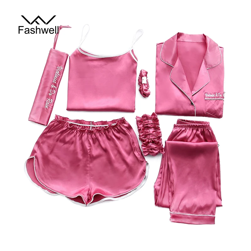 

Fashwell Women Night Suit Sleepwear Sets Satin Silk Pyjamas Women Spring Summer Pijamas Sleepwear 7 Pieces Pyjama Set