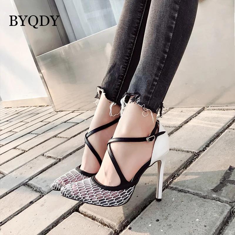 

BYQDY Fashion Office Career Buckle Strap Thin High Heels Shoes Mixed Colors Woman Sandals Dress Party White Size 35-40 Footwear