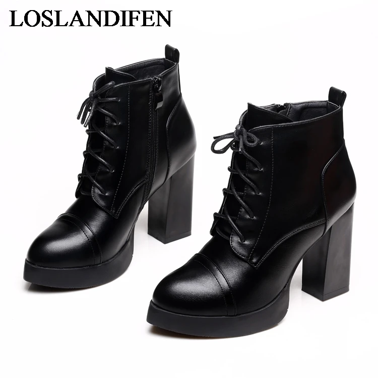 

Autumn Women Short Boots Korean Sheepskin Leather Square Heel Round Toe Thick Bottom Ankle Boots Shoes Female SMYBK-A004