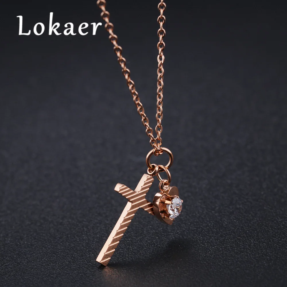 

Lokaer Fashion Small Fresh Love Cross Titanium Steel Rose Gold Color Link Chain Ckokers Necklace Female