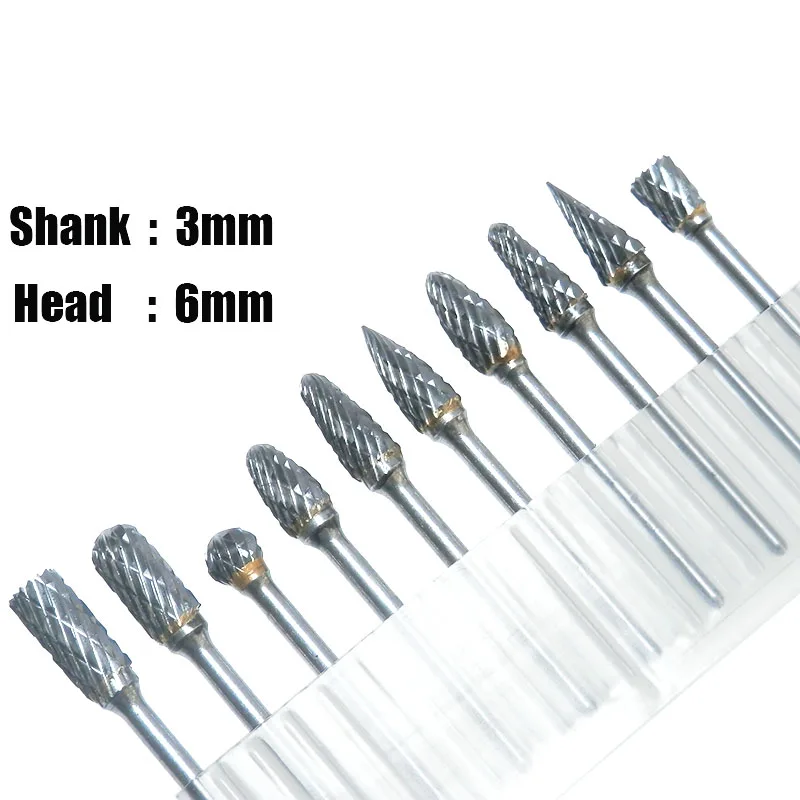 

10pcs 6mm Head Tungsten Steel Carbide Rotary Rasp Burrs File Milling Cutter Drill Bits Engraving Tool Carving Burrs 3mm Shank