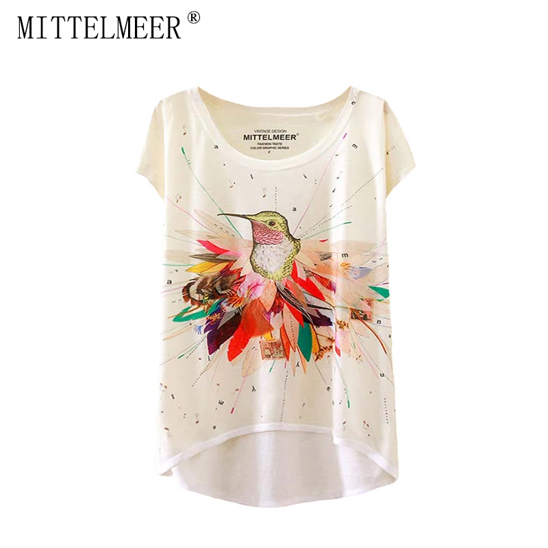 

MITTELMEER New Polyester T-Shirt Women Short Sleeve t-shirts o-neck Causal loose Colored bird wing T Shirt Summer tops for women