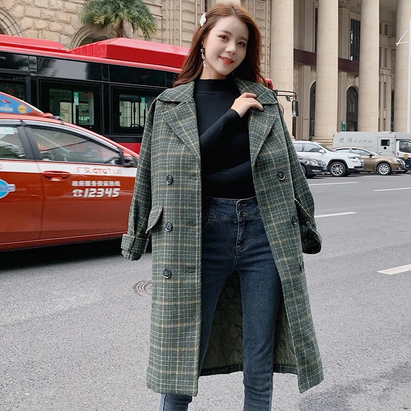 Zoki Loose Plaid Women Long Wool Blend Coat Fashion Winter Warm Jacket Elegant Double Breasted Autumn Fleece Outwear Plus Size