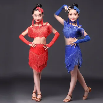 

2017 Hot Girls Latin Dance Costumes 5Pcs Tutu Skirt 120-155cm Spandex Salsa Dress Children Samba 6-15 Years Kids