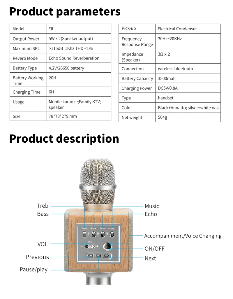 Original brand MicGeek ELF Wireless Karaoke Microphone 2.1 Sound Track Natural Rosewood DSP Chip Voice Speakers Smartphone 6