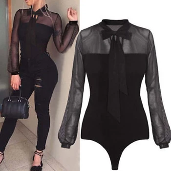 

Womens Long Sleeves sexy tulle Bodysuit Solid skinny Tops