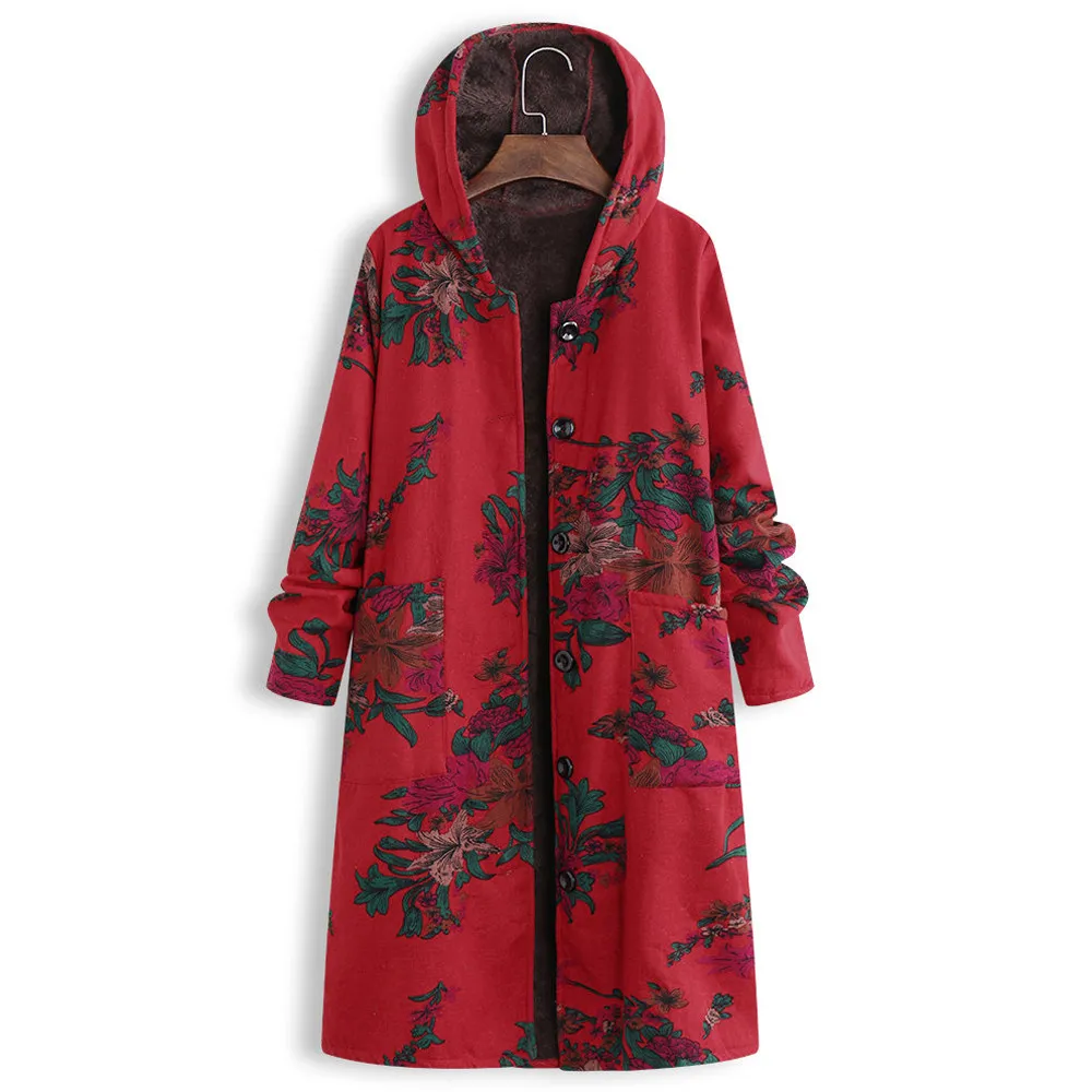 

New Women Plus Size Button long sleeve hooded Cotton Linen Fluffy Fur Print Long Outwear lady Hemp velvet thickened length coat