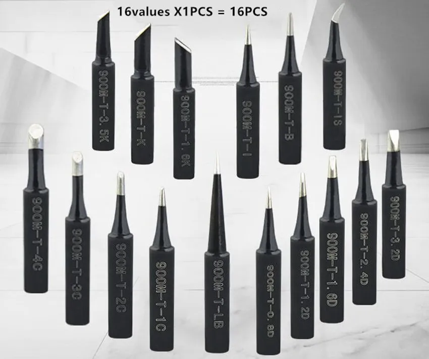 

900M-T serie 16PCS Solder Tip Lead-free Black Metal Soldering Iron Tips for 936 1C 2C 3C 4C K B I IS LB 0.8D 1.6D 3.2D