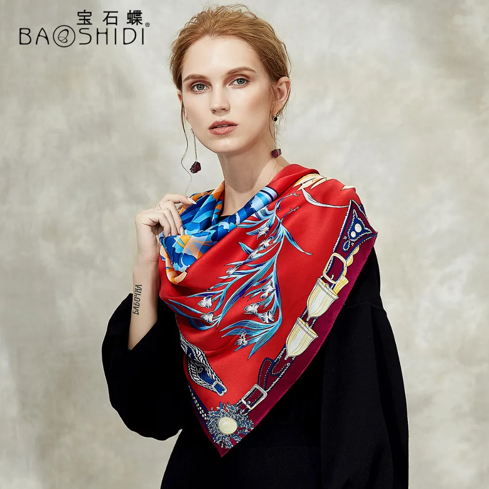 [BAOSHIDI] осень Новое поступление, 16 момме Шелковый атласный шарф, 106*106 квадратные шарфы женские, цветочный узор дизайн Бесконечность шаль