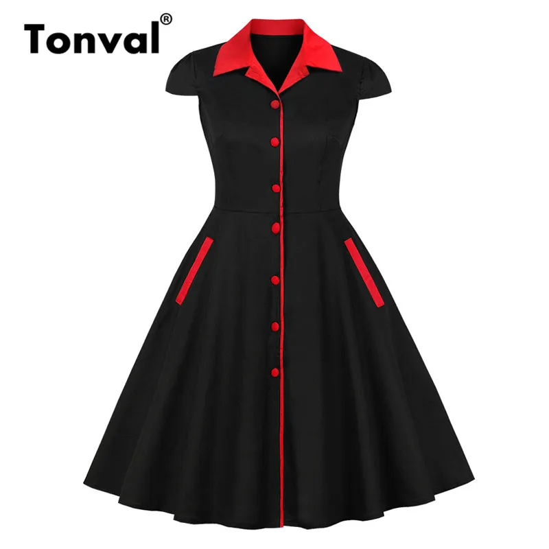

Tonval Black Elegant Button Up Rockabilly Pocket Side Dresses Turn-down Collar Office Lady Dress Cap Sleeve Vintage Women Dress