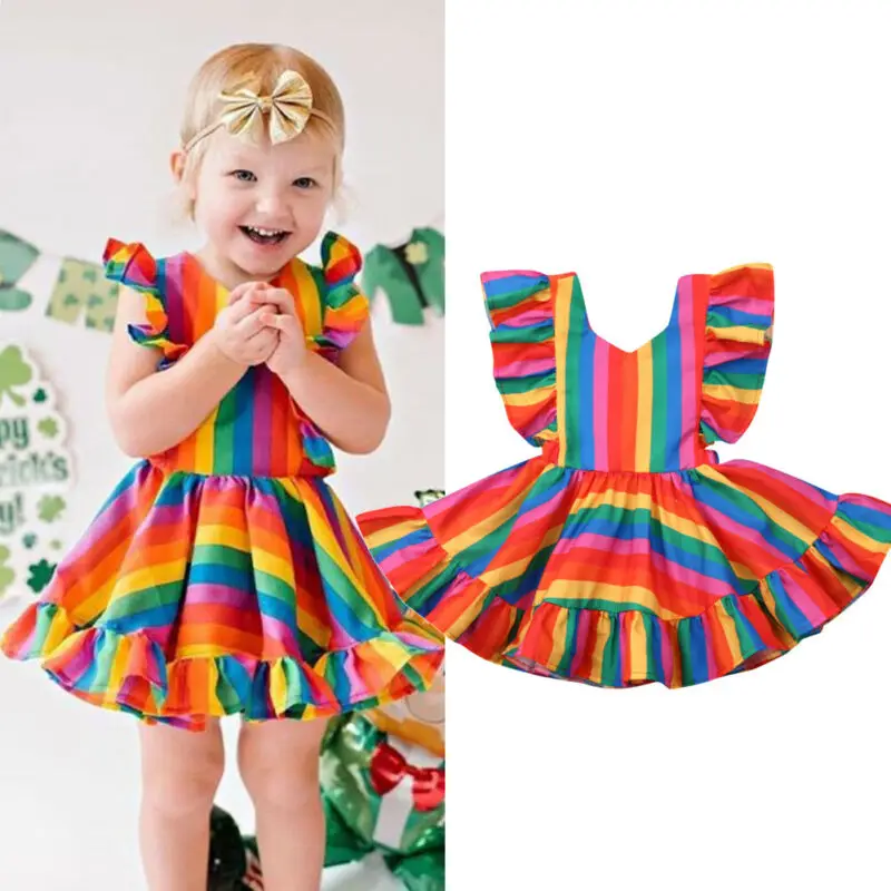 

2019 New Sweet Toddler Kid Baby Girl Rainbow Dress Ruffle Sleeveless Princess Striped Cute Sundress 6 Months-5 Years