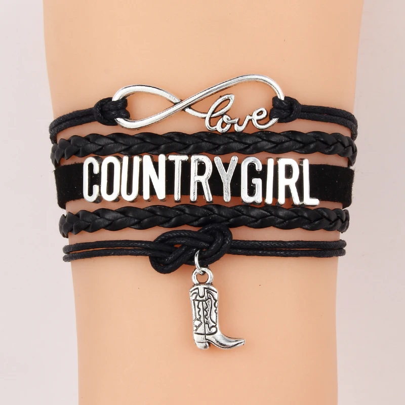 

NCRHGL Infinity love COUNTRY GIRL bracelets bangles boot charm braided pu leather bracelet nice jewelry for girls Drop Shipping