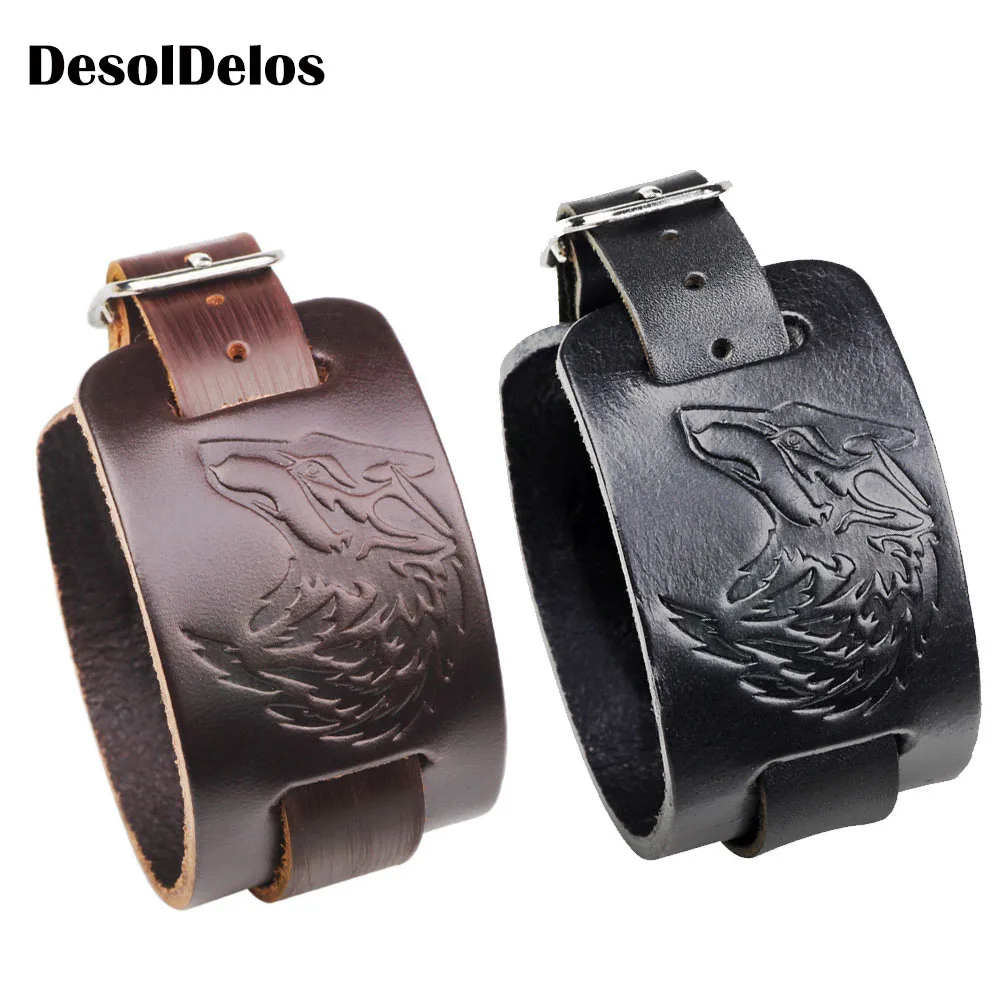 

2019 New Genuine Leather Watch Band Bracelet Bangles Adjustable Brown Wide Bracelet for Men Fashion Cuff Wristband Jewelry