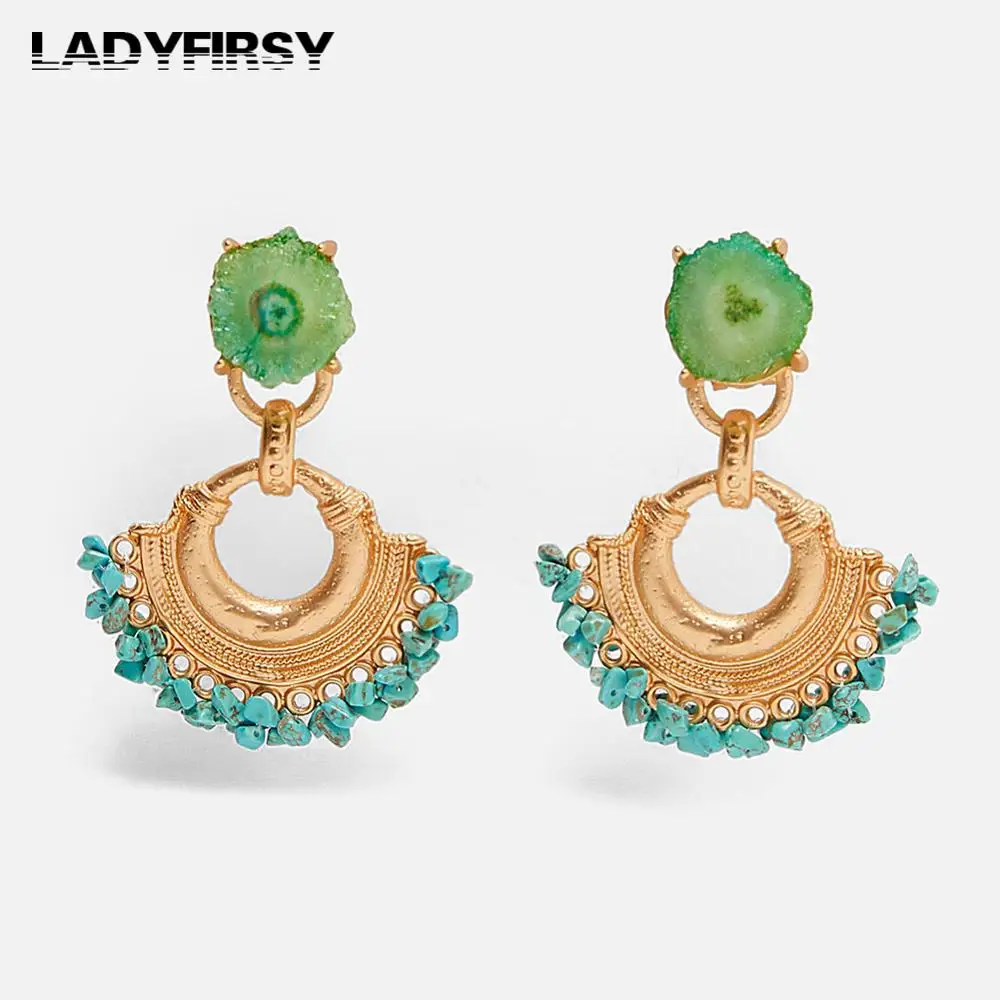 

Ladyfirsy Newly ZA Fan Shaped Blue Stone Beads Dangle Earrings Women Wedding Jewelry Bohemia Trendy Statement Earrings for Party