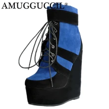 2019 New Plus Big Size 34-48 Blue Lace Up Fashion High Heel Platform Females Girl Lady Mid Calf Autumn Women Boots X1679 2018 new cow suede plus big size 34 42 black brown zip buckle fashion knee high autumn winter lady females womens boots x1690