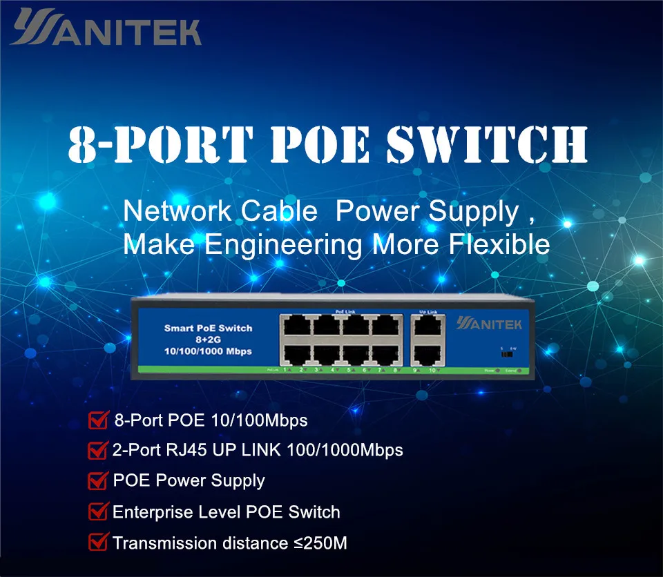 8POE + 2GE 120 W сетевой переключатель POE Ethernet 250 м расстояние сети Порты IEEE802.3af/at подходит для камеры системы видеонаблюдения/Беспроводной AP