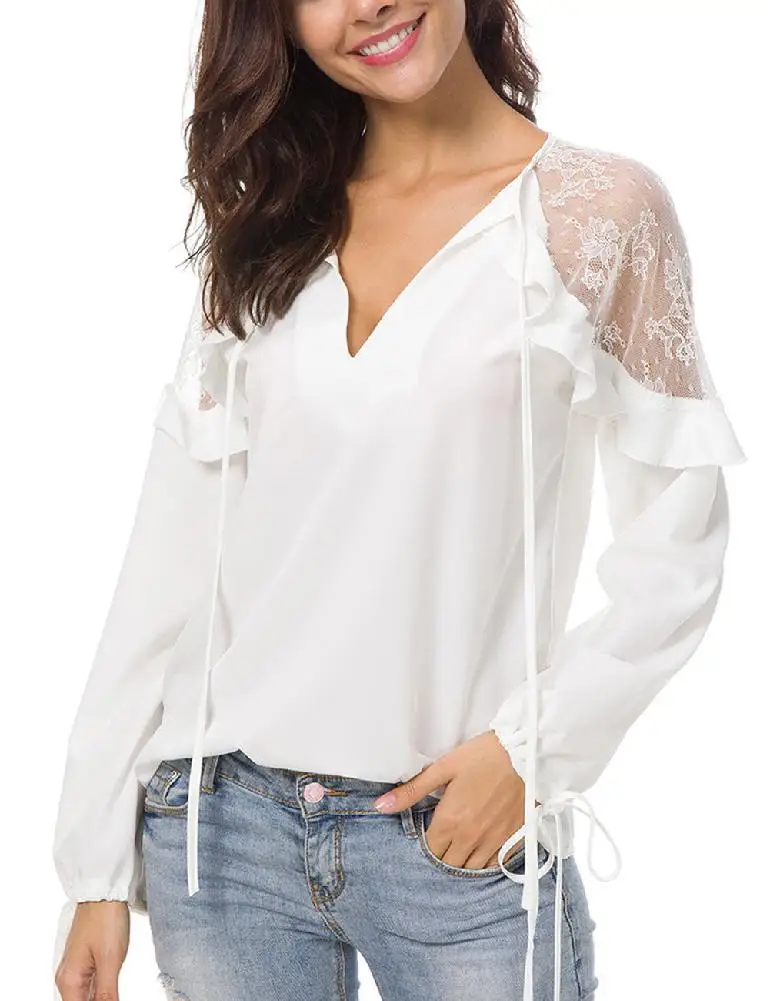 

2019 New Yfashion Women Sexy V-neck Lace Stitching T-Shirt Elegant Long-Sleeve Chiffon Shirt