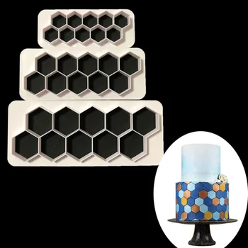

3 pieces of hexagonal shape embossed fondant cake biscuit mold chocolate fudge tool