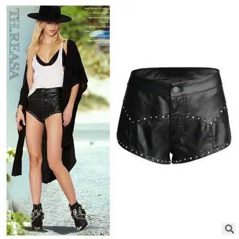 Free Shipping Womens Slim Pu Leather Rivet Shorts Fashion