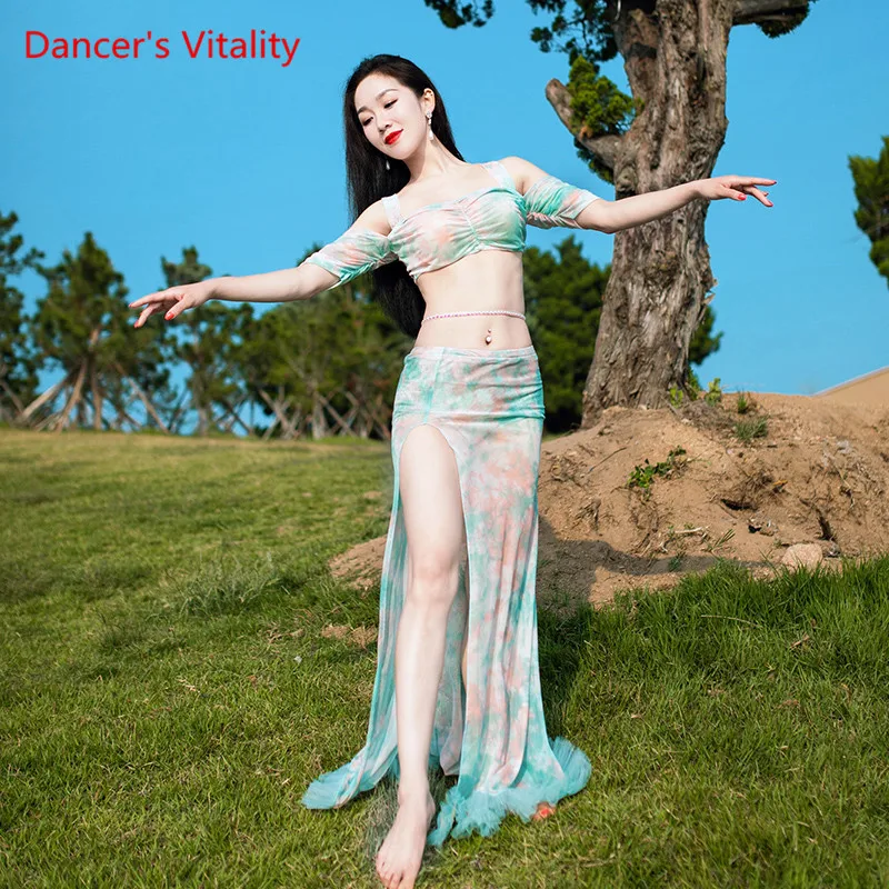 

Dance Competition Set Belly Dance Performance Mesh Top+Skirt Set 2pcs Women Oriental Dance Dance Performance Suit