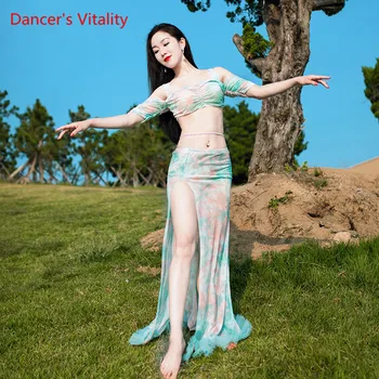 

Dance Competition Set Belly Dance Performance Mesh Top+Skirt Set 2pcs Women Oriental Dance Dance Performance Suit