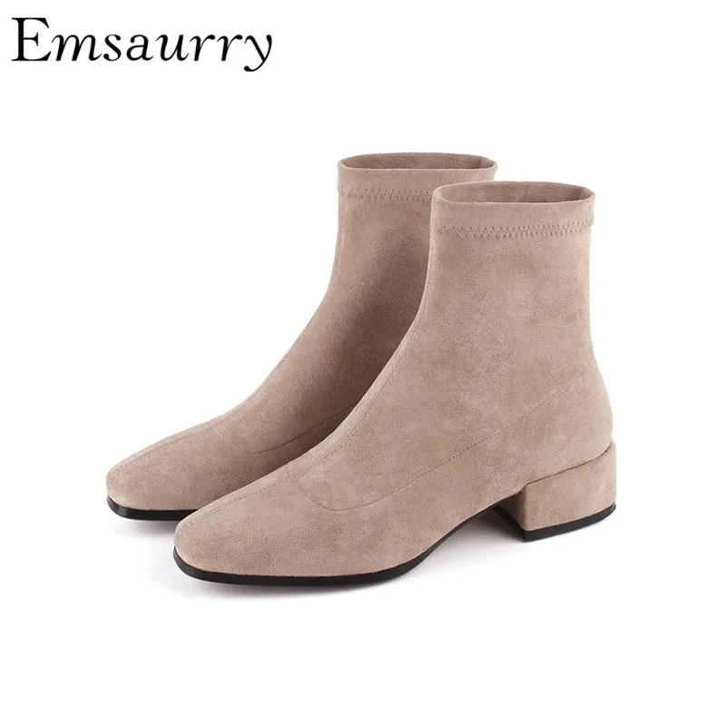 

Black Flock Short Booties For Women Round Toe Square Heel Autumn Winter Stretch Ankle Boots Zapatos De Mujer
