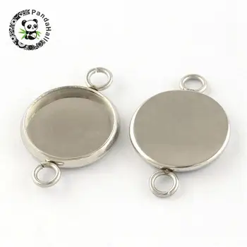 

304 Stainless Steel Links, Cabochon Settings, Flat Round, Stainless Steel Color, Tary: 12mm; 21x14x2mm, Hole: 2mm