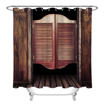 

LB European Classic Vintage Wooden Door Bathroom Waterproof Fabric Shower Curtain Polyester 12 Hooks Bath Acessory Sets