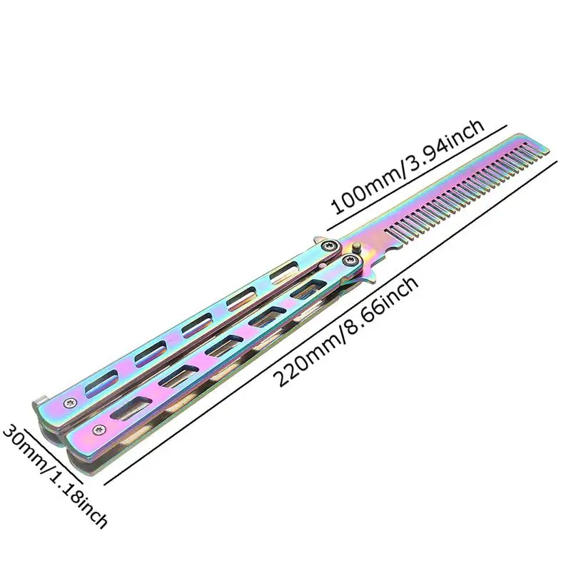 Радужная Складная расческа из нержавеющей стали, тренировочный нож-бабочка, расческа для бороды и усов, инструмент для укладки