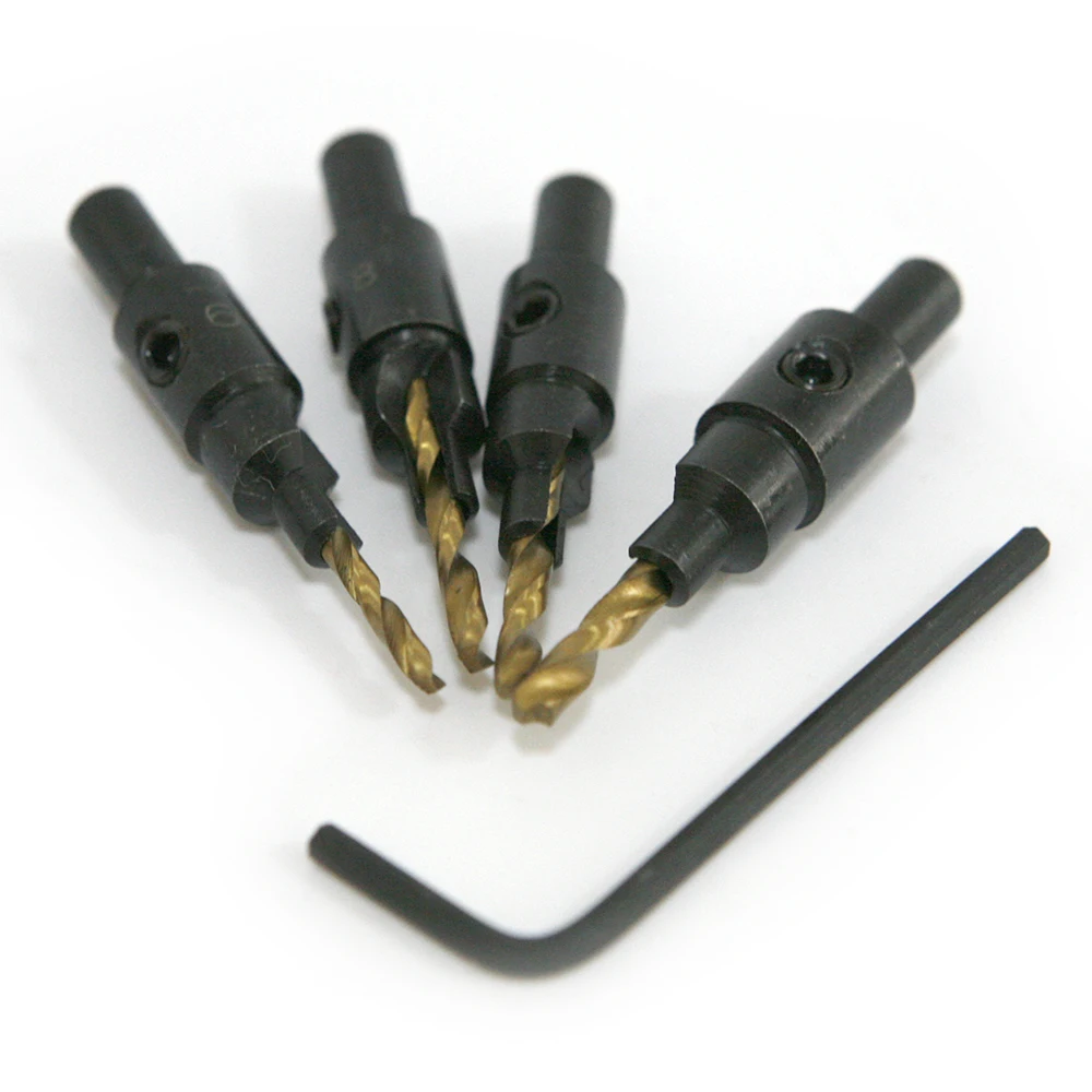 

4pcs / set Quick Change Hex Shank Tapered Titanium Countersink Drill Cone Bit Set Hole Saw Woodworking Tools + Small wrench