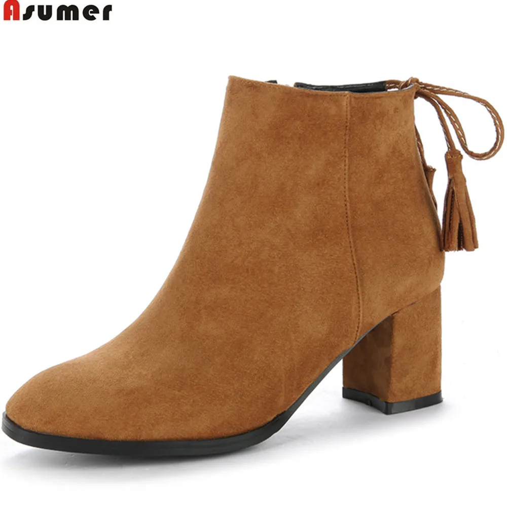 

Asumer black gray apricot women autumn winter boots zipper flock ladies boots square heel cross tied ankle boots big size 34-43