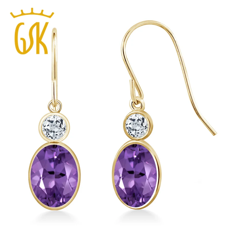 

GemStoneKing 1.78 Ct Oval Purple Natural Amethyst White Topaz 14K Yellow Gold Drop Earrings For Women