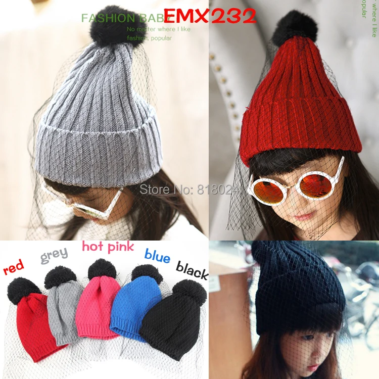 

New 2014 Winter Gauze Veil Baby Girls Beanie Hat Warm Knitted Hat For Children Accessories Fashion Casual Cap As Christmas Gift