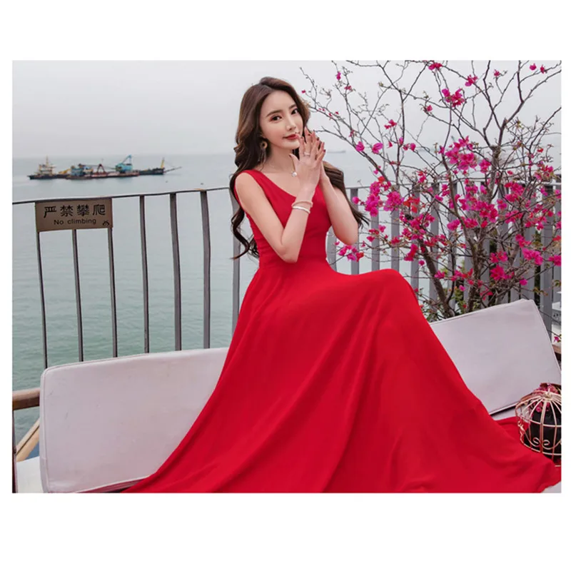 2019 New Summer Beach Dress Women's Fashion Sleeveless V-Beck Red Blue Long Dress Elegant Robes Women's Plus Size 5XL (6)